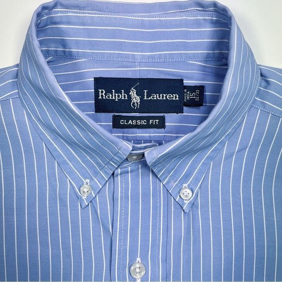 *VINTAGE* RALPH LAUREN Blue w/ White Pinstripes Pink Embroidered Oxford Shirt - Picture 3 of 4